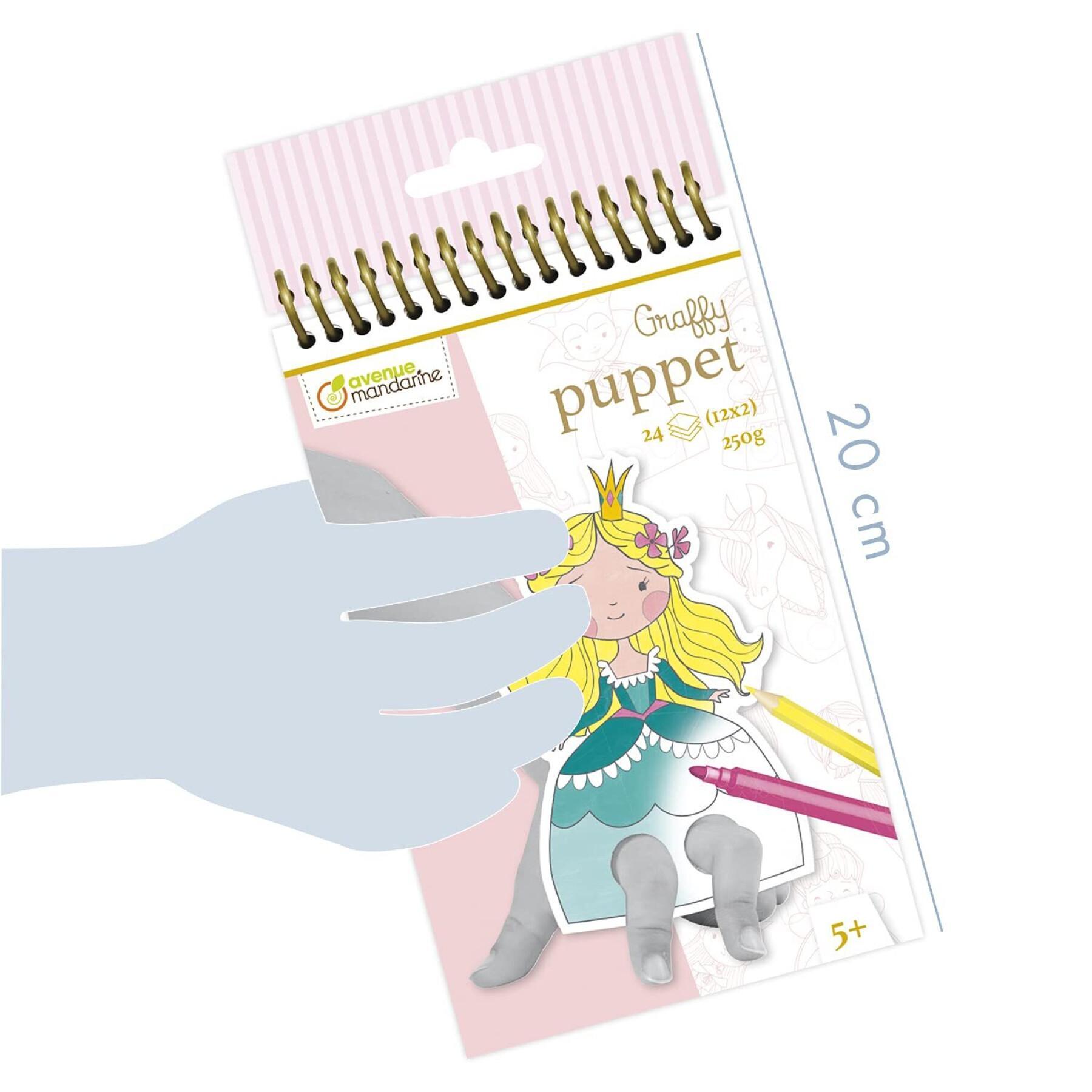 Pequeño cuaderno de 24 marionetas de dedo precortadas para colorear Avenue Mandarine Graffy Puppet, Prince et Princesse