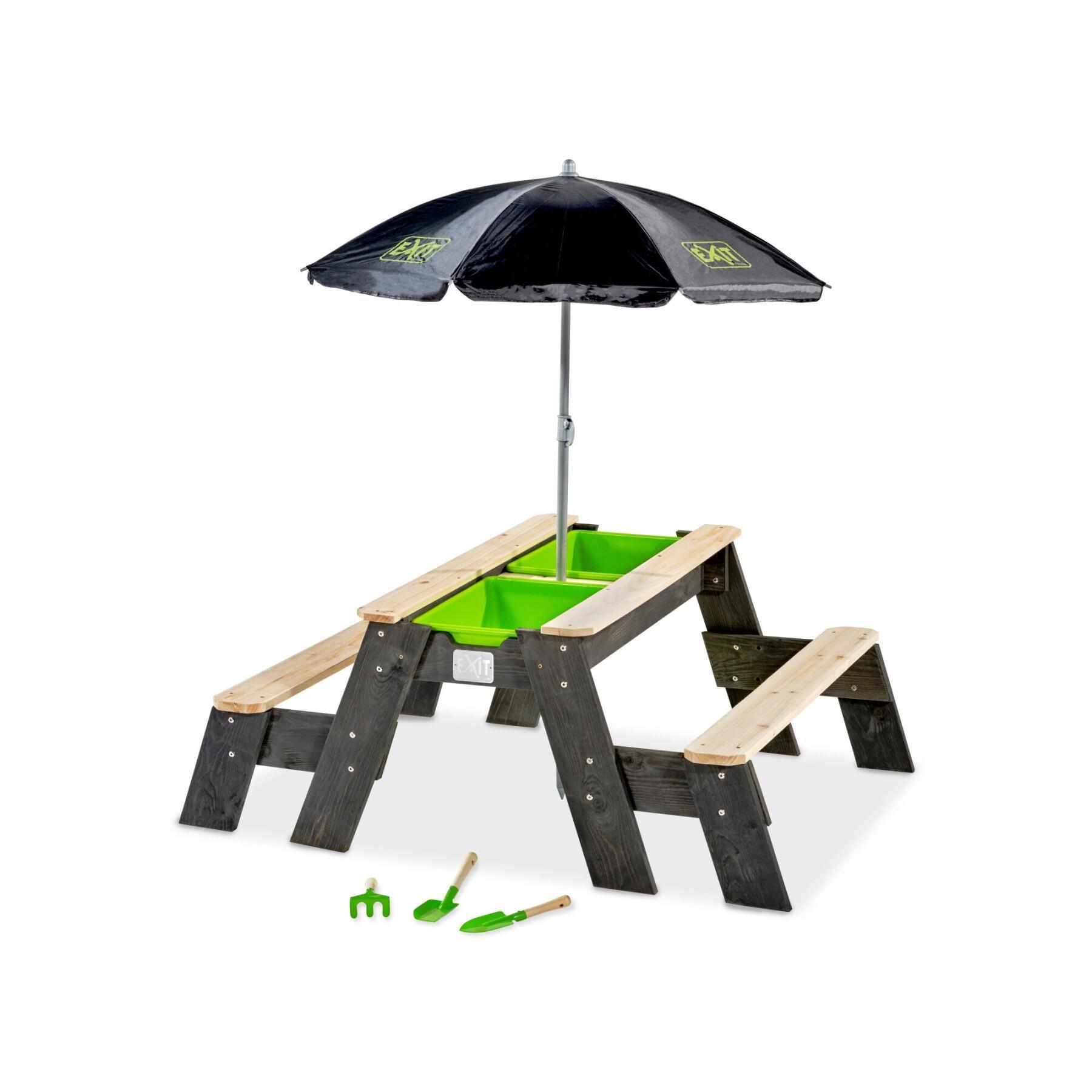 Mesa de actividades de arena y agua, y mesa de picnic (2 bancos) con sombrilla y herramientas de jardinería Exit Toys Aksent