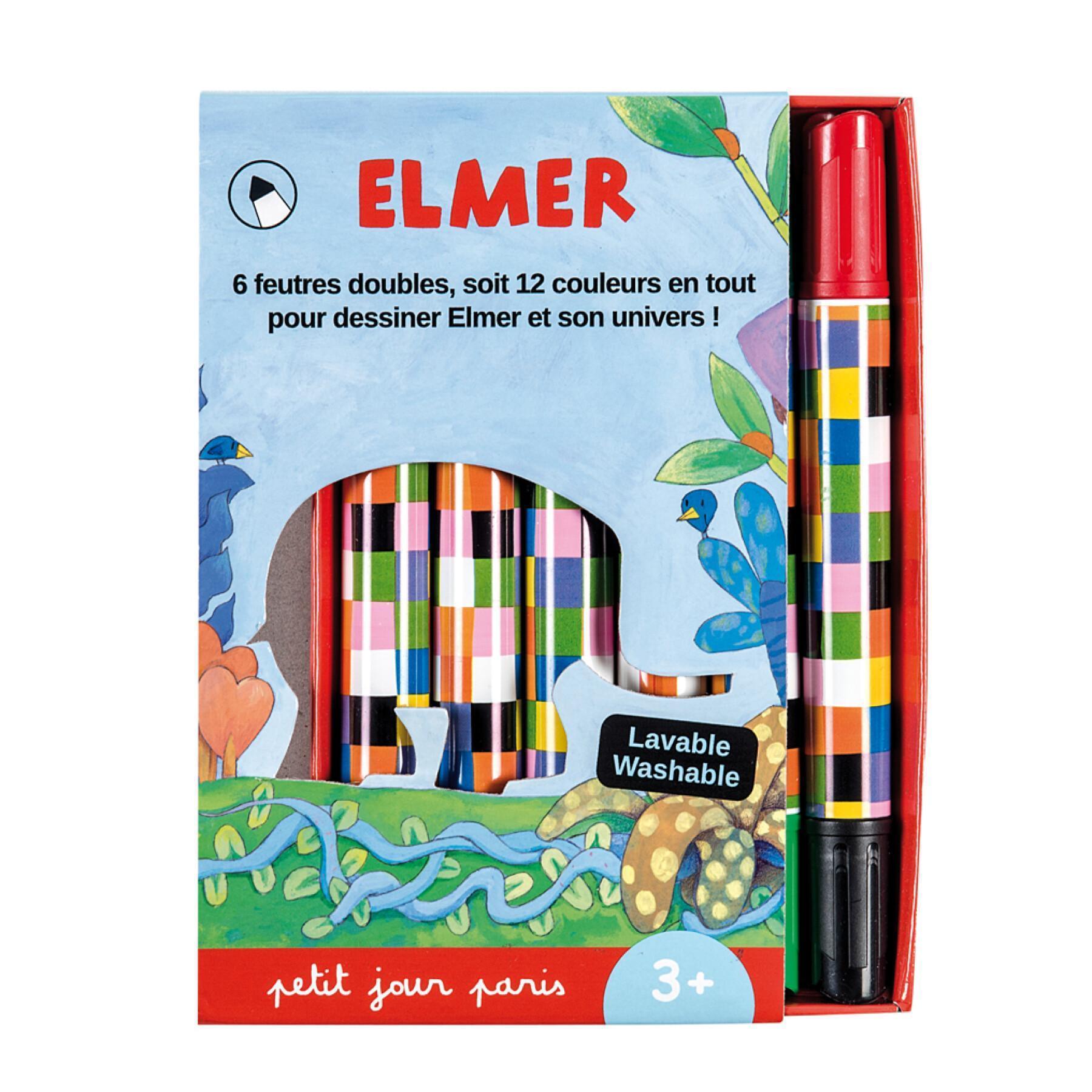 Caja de 6 rotuladores infantiles de doble punta en dos colores Petit Jour Elmer
